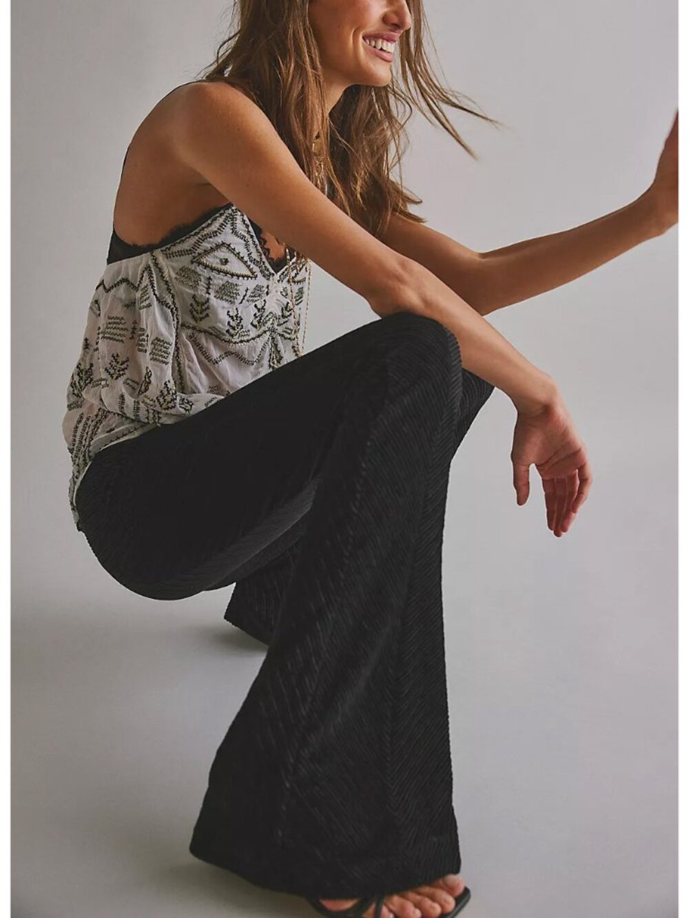 FREE PEOPLE Penny Pull On Velvet Flared Pants / Black - Picture 2 of 11